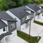 Plan 0112 by HeLo Homes – aerial view of the row of duplexes
